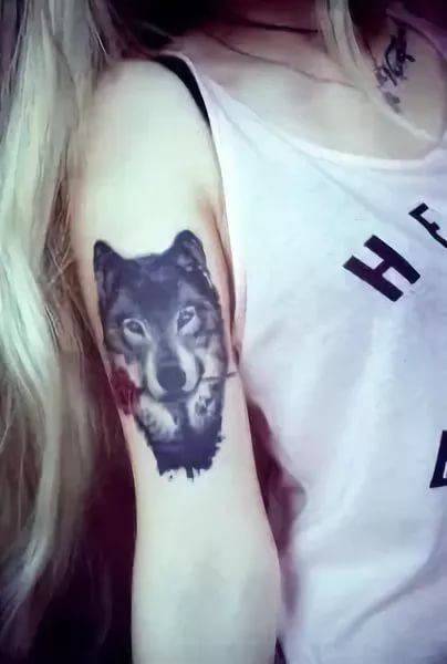 Тату на руке для девушек волк на плече