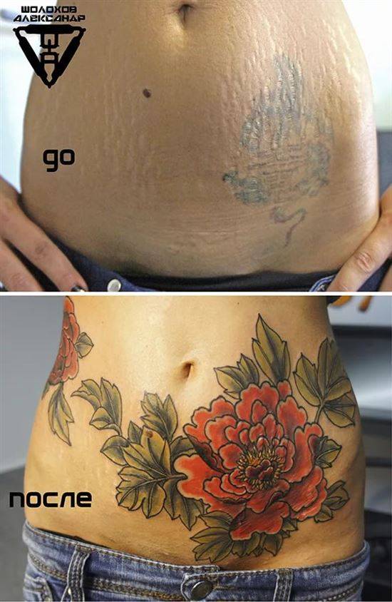 Перекрытие растяжек на животе татуировкой
